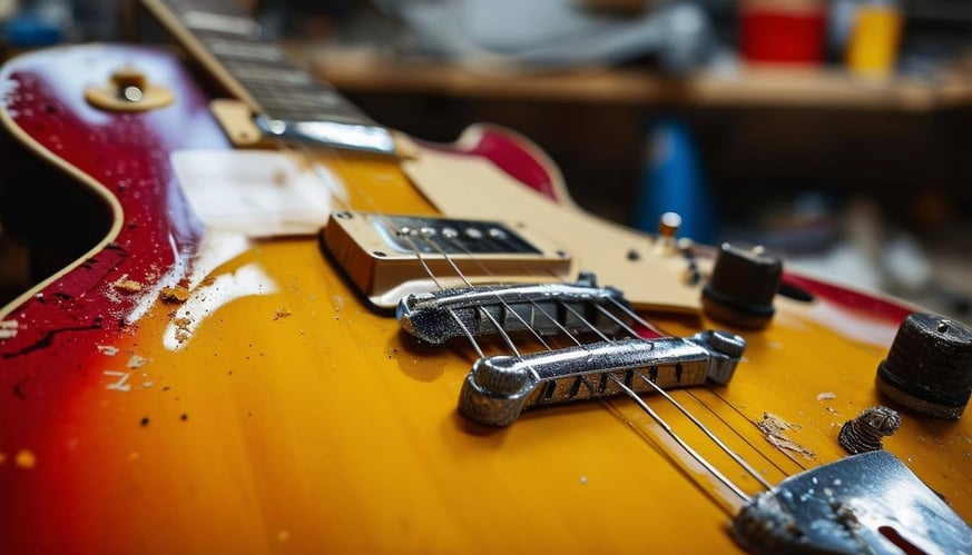 A close-up of a guitar undergoing repair