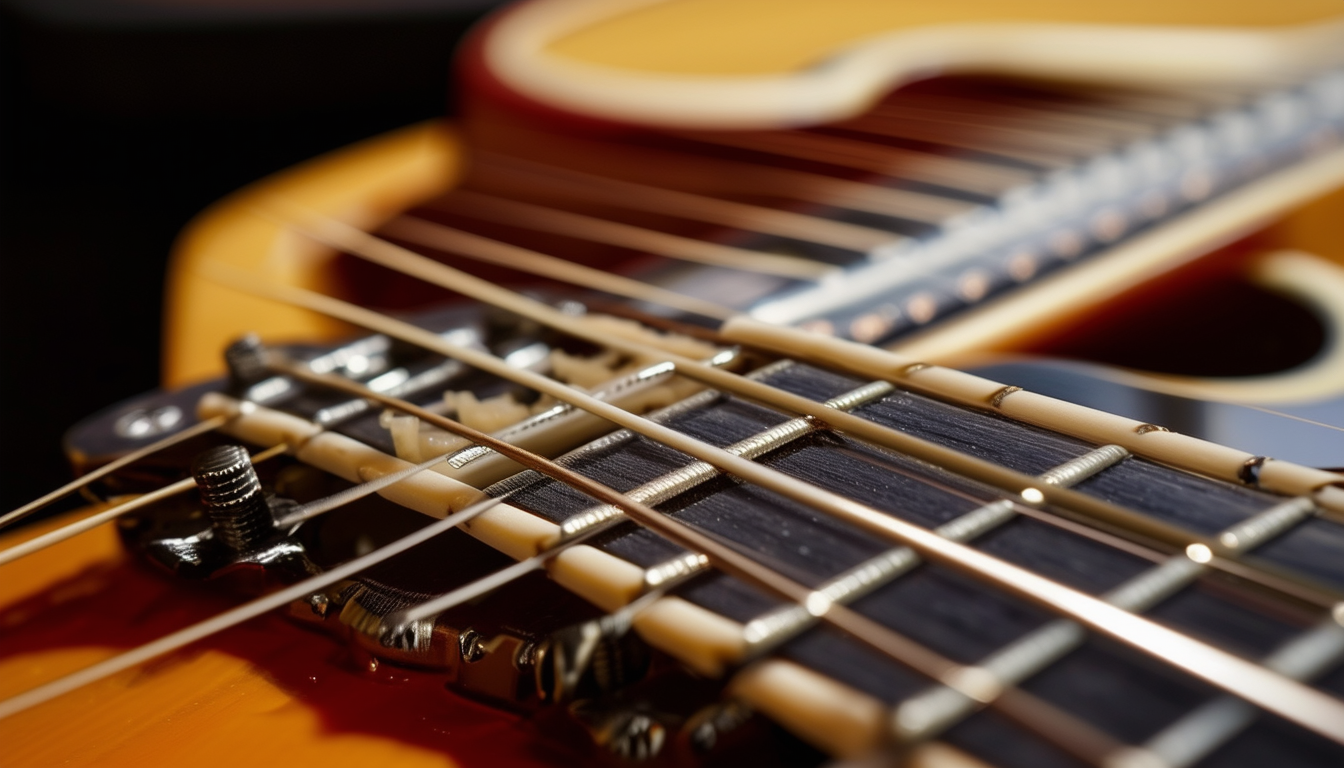 A close-up shot of a guitars fretboard and bridge